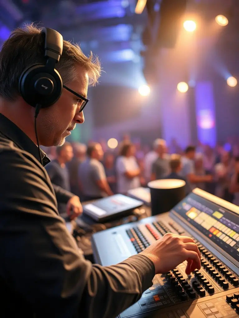 An image of a sound engineer expertly adjusting audio levels during a concert, highlighting the technical expertise provided by ACHAMEAU.