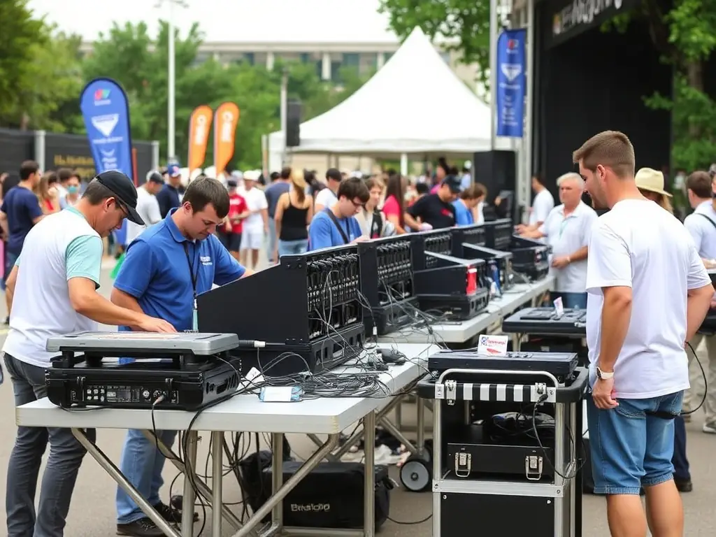 A photo of volunteers setting up equipment and coordinating logistics for a cultural event, highlighting the organizational support provided by ACHAMEAU.