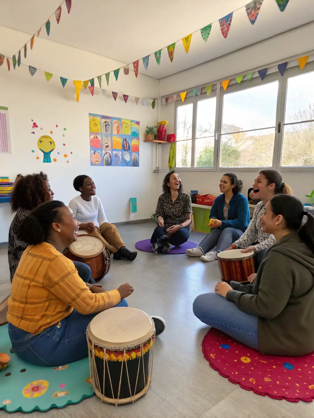 A picture of a diverse group of people participating in a music workshop organized by ACHAMEAU, highlighting the organization's commitment to community engagement.