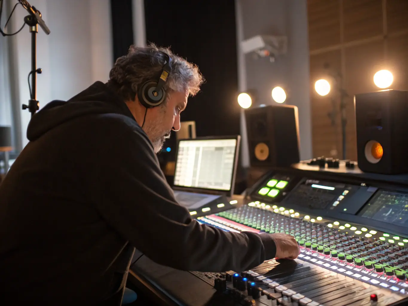 A vibrant image depicting a sound engineer working at a live music event, showcasing the technical expertise provided by ACHAMEAU ASS CHANSON MUSIQUE EVENEMENT AUDIO.