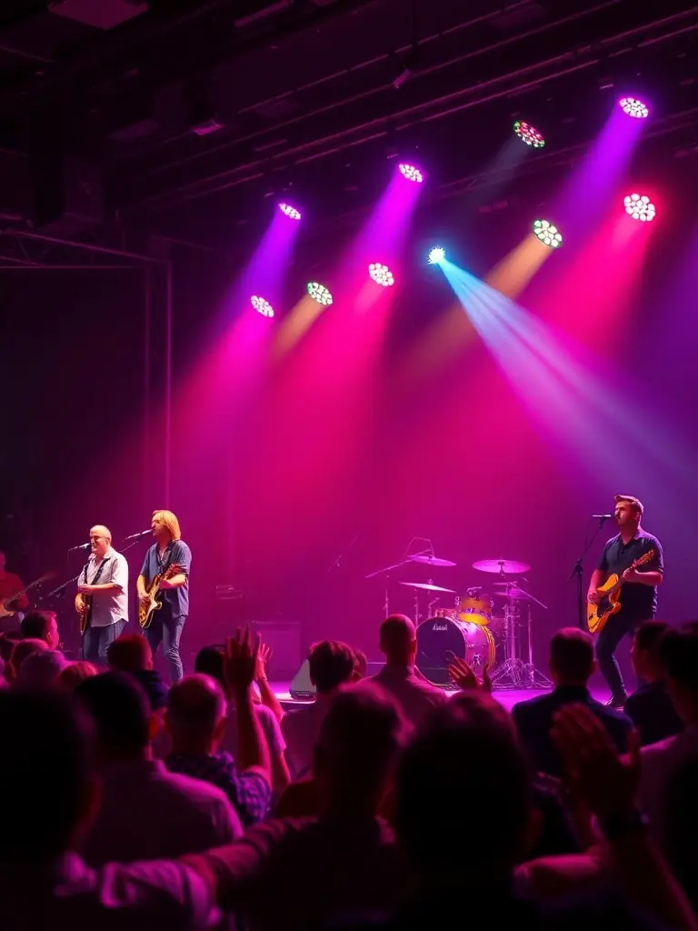 A vibrant photograph capturing a live music performance supported by ACHAMEAU, showcasing musicians on stage with engaged audience members in a community hall.