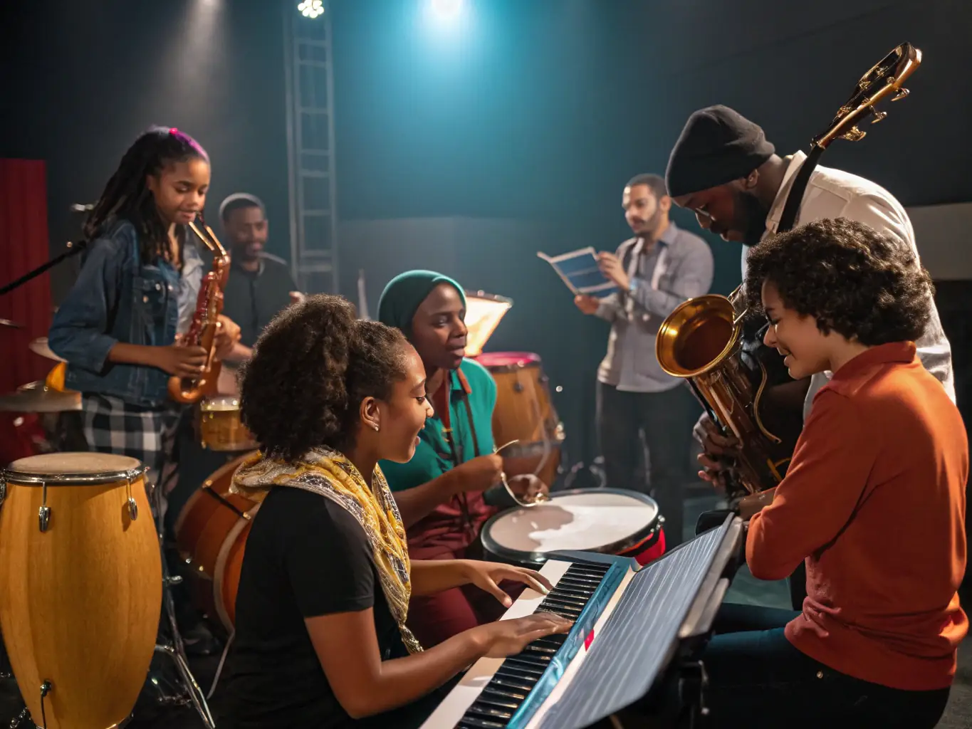 A dynamic image of a community workshop or educational program focused on music or audio production, demonstrating ACHAMEAU's commitment to education and skill-building.