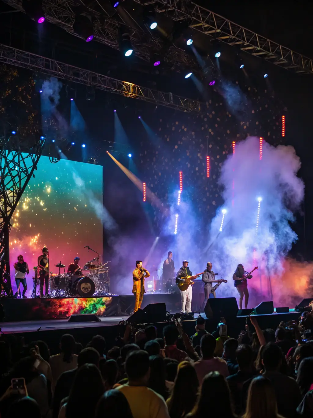 A diverse group of musicians performing on stage with professional lighting and sound, showcasing an inclusive artistic experience.