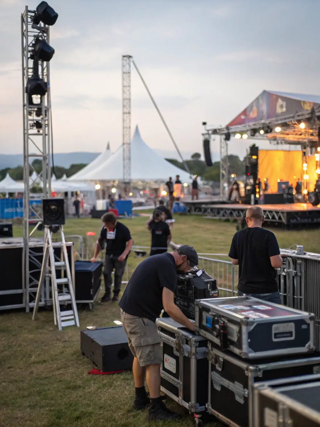 A photograph of ACHAMEAU's team coordinating logistics at a large-scale music festival, emphasizing their expertise in event management and organization.