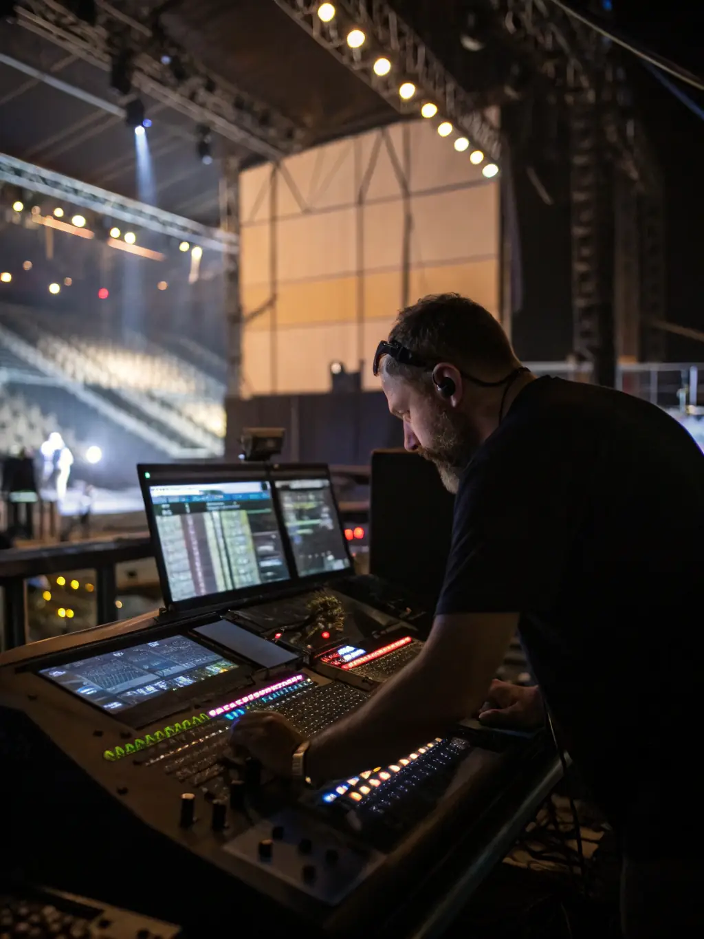 An image of a professional sound engineer operating audio equipment at a lively cultural event, with vibrant stage lighting and engaged audience.