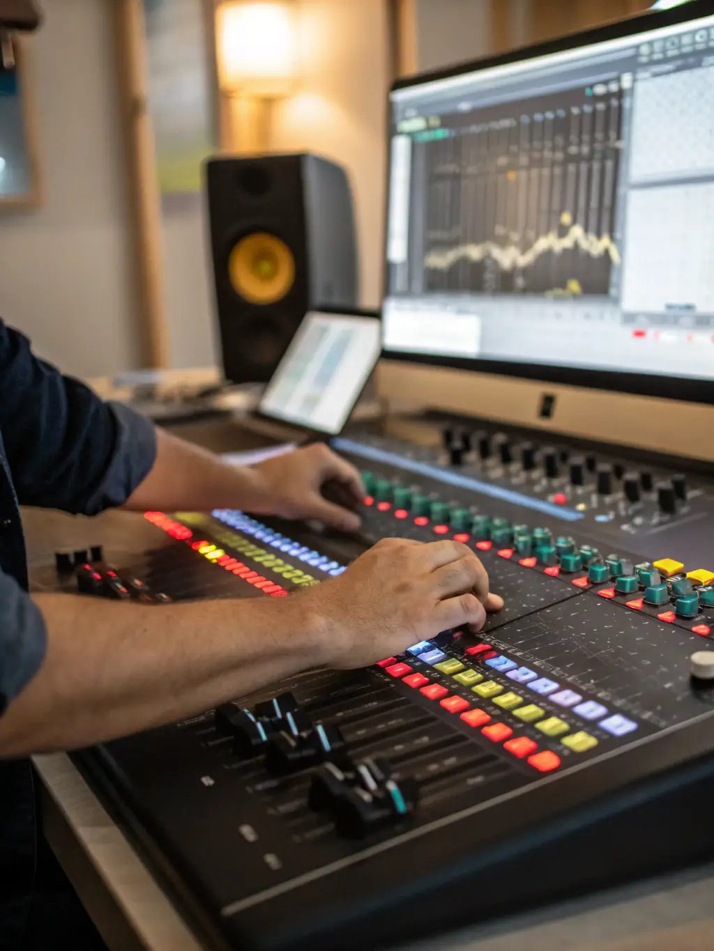 A high-quality photograph of a sound engineer expertly adjusting audio equipment during a live music event, showcasing our technical expertise.