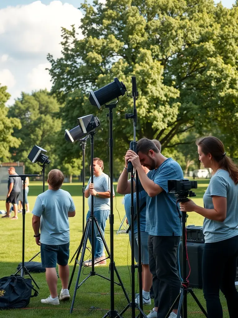 A photo of volunteers setting up audio equipment at an outdoor cultural event, demonstrating ACHAMEAU's hands-on involvement in event preparation.