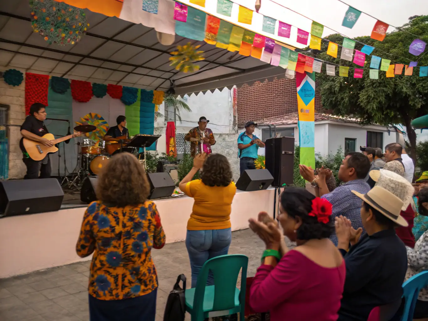 A photo of a diverse audience enjoying a musical performance, emphasizing the community engagement facilitated by ACHAMEAU ASS CHANSON MUSIQUE EVENEMENT AUDIO.
