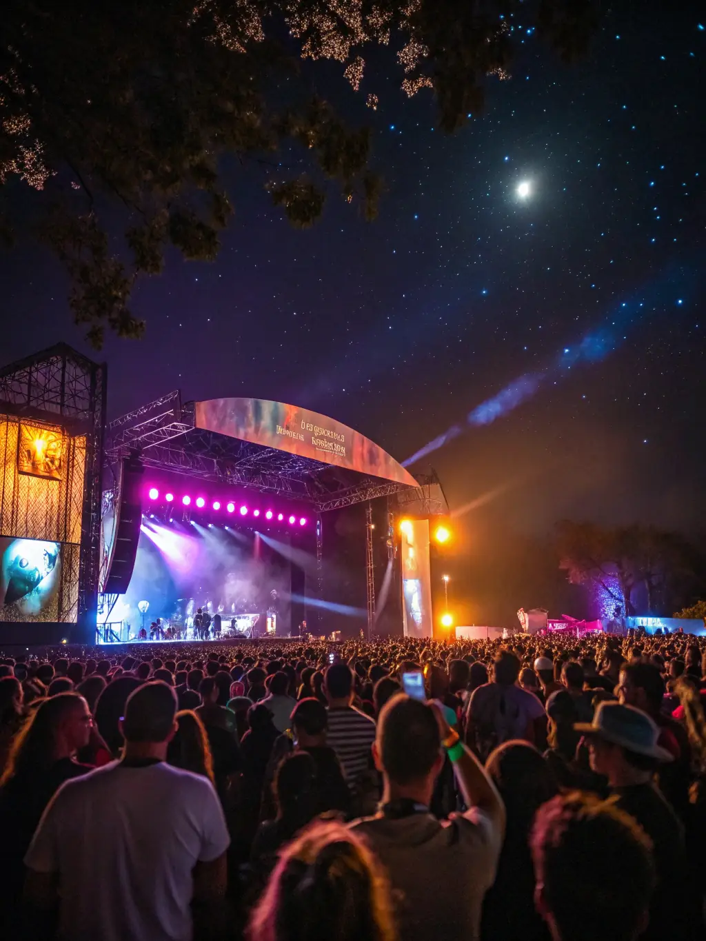 A vibrant image depicting a live music event with professional audio equipment and enthusiastic audience members, showcasing ACHAMEAU's audio support.